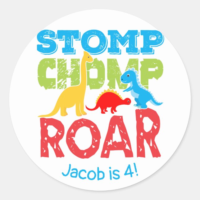 Adesivo Redondo Stomp Chomp Roar Cute Dinossaur Birthday Sticker (Frente)