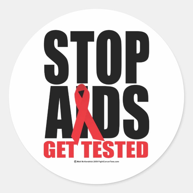 Adesivo Redondo Stop AIDS (Parar a AIDS): Seja testado (Frente)
