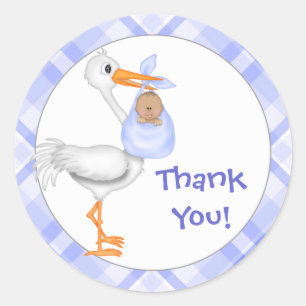 Adesivo Redondo Stork & Baby Boy (pele mais escura) Obrigado