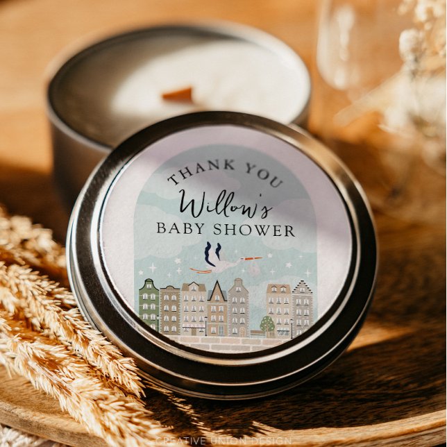 Adesivo Redondo Stork Boho Chá de fraldas Bebê Sprinkle Obrigado (Boho Baby Shower Stork)