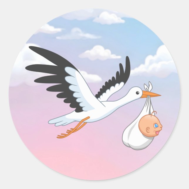 Adesivo Redondo Stork Carrying a Baby Sky Clouds (Frente)