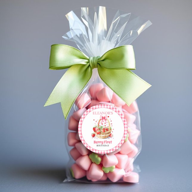 Adesivo Redondo Strawberries hearts,pink bow Berry First Birthday (Criador carregado)