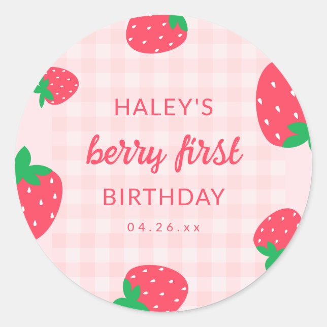 Adesivo Redondo Strawberry Berry First 1rua Baby Birthday (Frente)