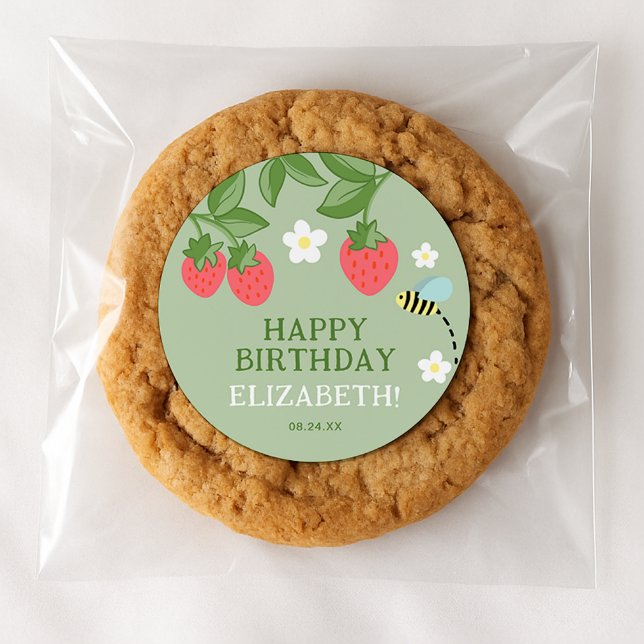 Adesivo Redondo Strawberry Birthday Party Favor Thank you (Criador carregado)