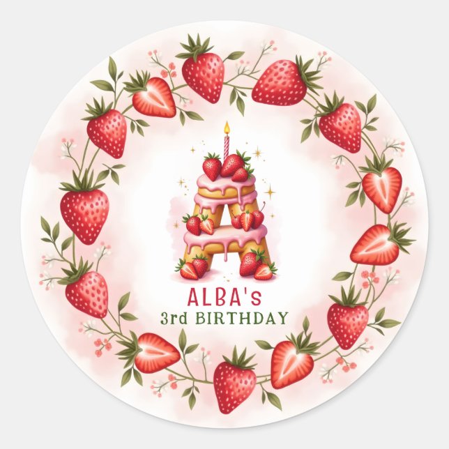 Adesivo Redondo Strawberry Birthday Sticker - Letra A Bolo (Frente)