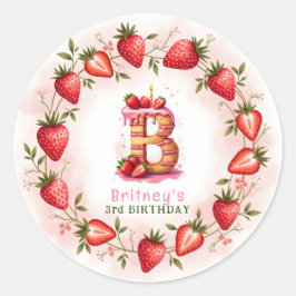 Adesivo Redondo Strawberry Birthday Sticker - Letra B Bolo