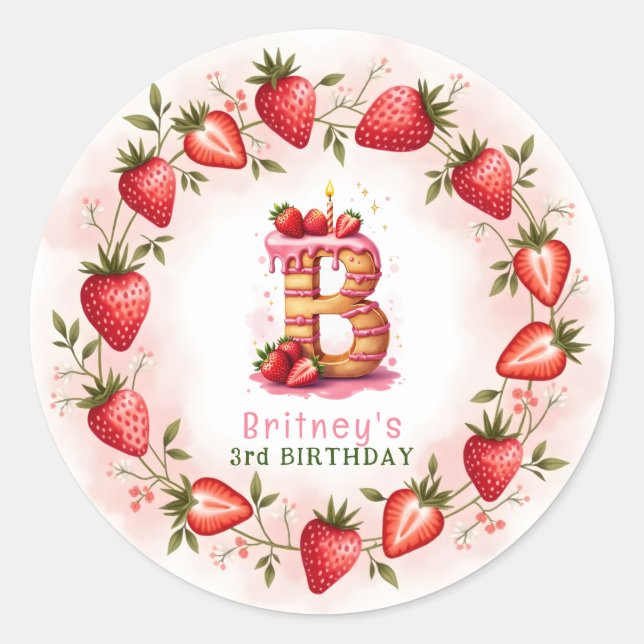 Adesivo Redondo Strawberry Birthday Sticker - Letra B Bolo (Frente)