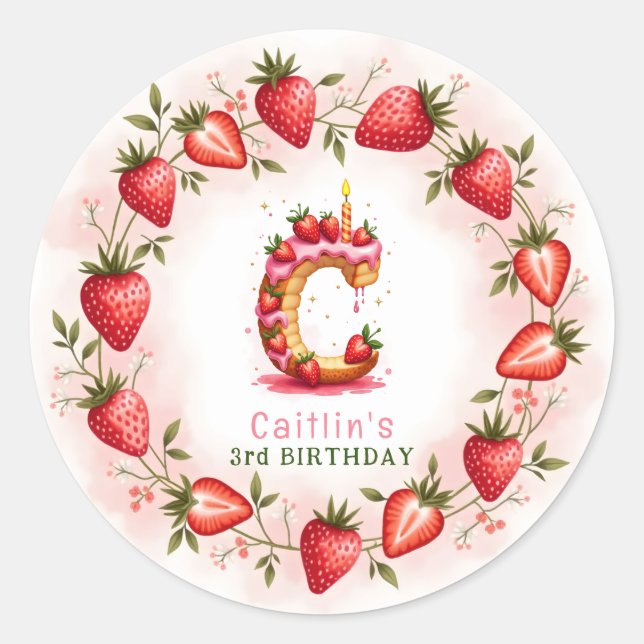 Adesivo Redondo Strawberry Birthday Sticker - Letra C Bake (Frente)