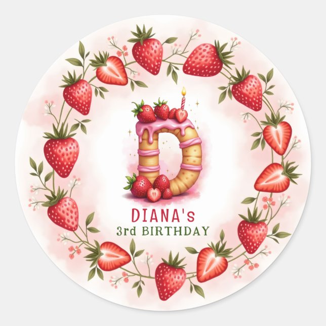Adesivo Redondo Strawberry Birthday Sticker - Letra D Bake (Frente)