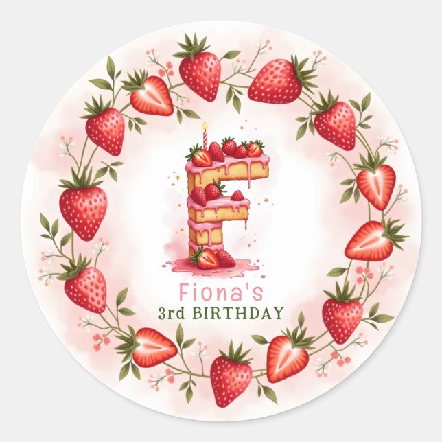 Adesivo Redondo Strawberry Birthday Sticker Letra F Cake (Frente)