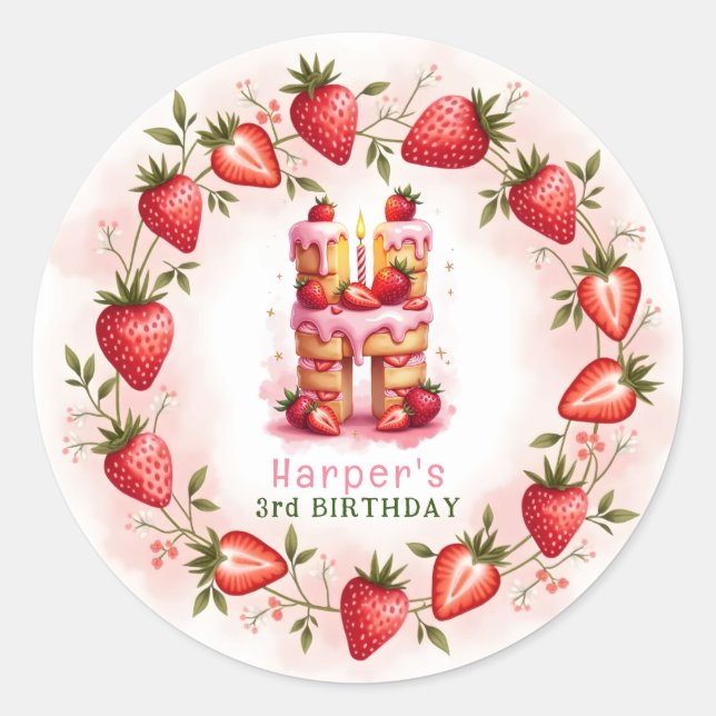 Adesivo Redondo Strawberry Birthday Sticker - Letra H Cake (Frente)