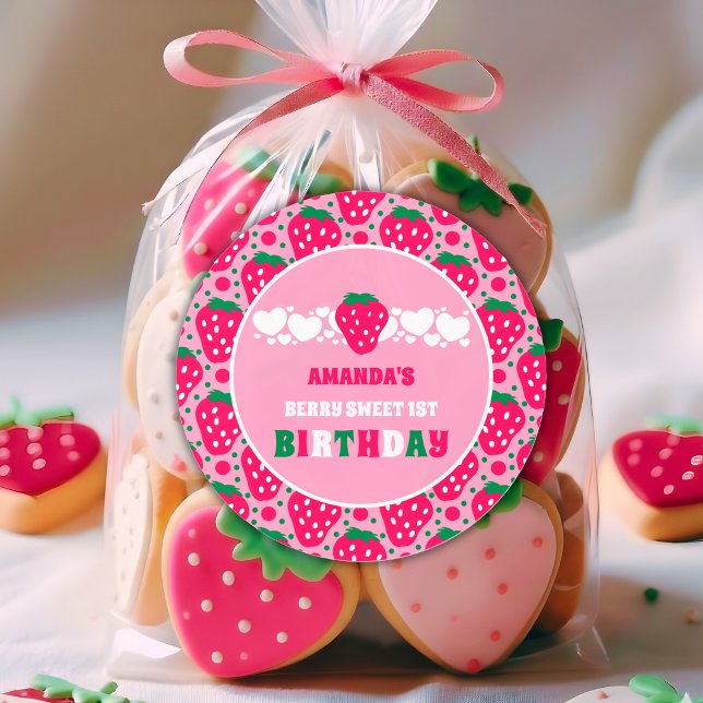 Adesivo Redondo Strawberry First Birthday Celebration (Criador carregado)