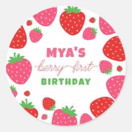 Adesivo Redondo Strawberry First Birthday Favkers