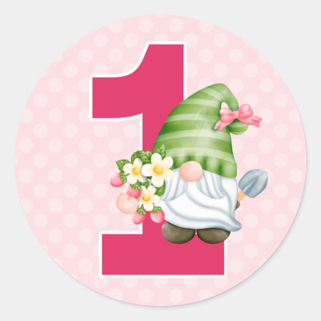 Adesivo Redondo Strawberry Gnomo Garden Baby Girl primeiro anivers (Frente)