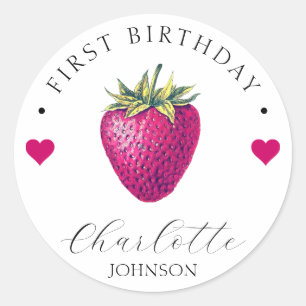 Adesivo Redondo Strawberry Hearts Birthday Girl White