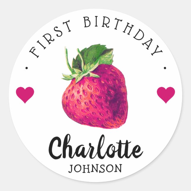 Adesivo Redondo Strawberry Hearts Birthday Girl White (Frente)