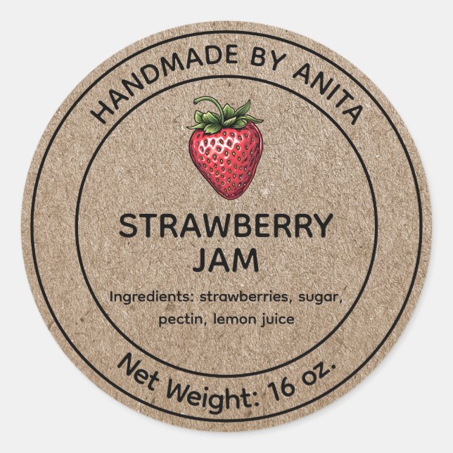 Adesivo Redondo Strawberry Jam Jelly Jar Label Kraft Estilo de Pap (Frente)