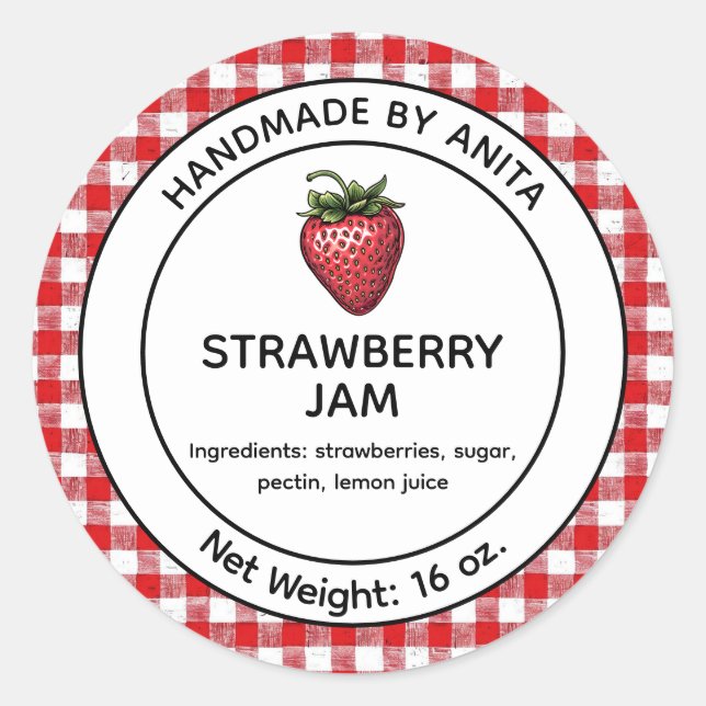 Adesivo Redondo Strawberry Jam Jelly Jar Label Xadrez Gingham (Frente)