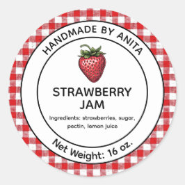 Adesivo Redondo Strawberry Jam Jelly Jar Label Xadrez Gingham