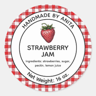 Adesivo Redondo Strawberry Jam Jelly Jar Label Xadrez Gingham