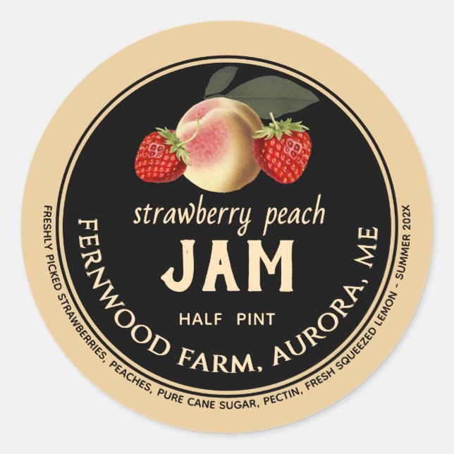 Adesivo Redondo Strawberry Peach Jam Jar Label Homemade Jelly (Frente)