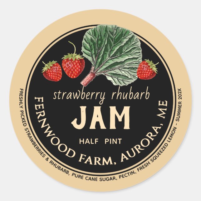 Adesivo Redondo Strawberry Rhubarb Jam Jar Label Homemade Jelly (Frente)