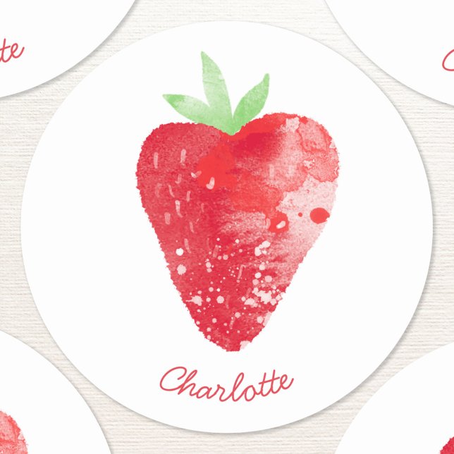 Adesivo Redondo Strawberry Watercolor Personalizada (Sweet watercolor strawberry fruit painting with modern script personalized name on a round sticker)