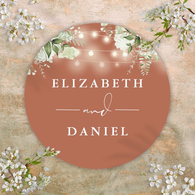 Adesivo Redondo String Lights Floral Terracotta Weding Favor (String Lights Floral Terracotta Wedding Favor Classic Round Sticker)
