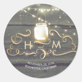 Adesivo Redondo String Lights Mason Jar Rustic Wood Initials