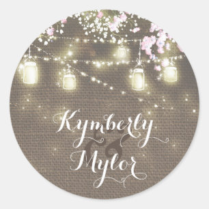 Adesivo Redondo String Lights Mason Jars Rustic Baby's Breath