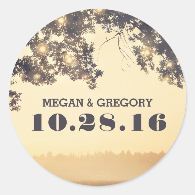 Adesivo Redondo String Lights Tree Branches Rustic Wedes (Frente)