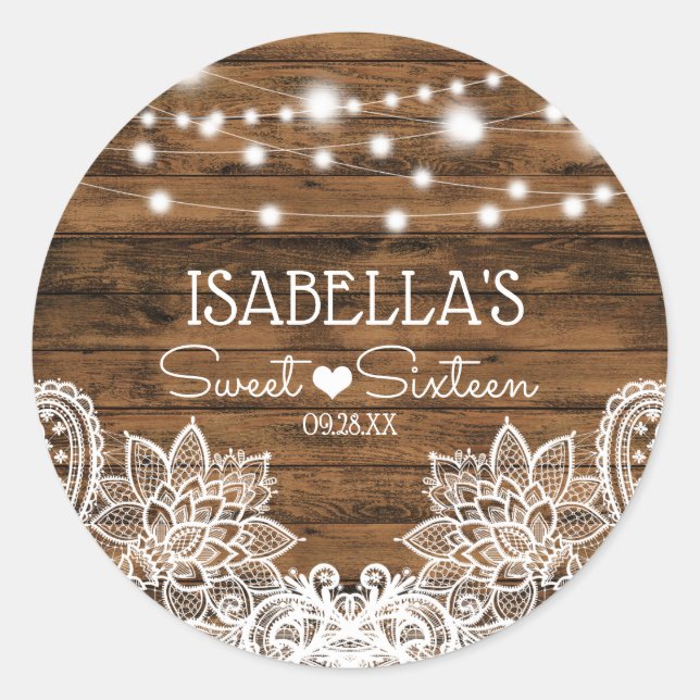 Adesivo Redondo String Lights Wood and Lace Sweet 16 Obrigado (Frente)