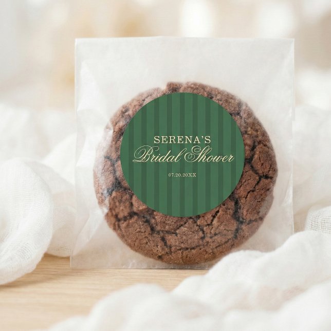 Adesivo Redondo Stripe Vintage Script Green Bridal Shower (Criador carregado)