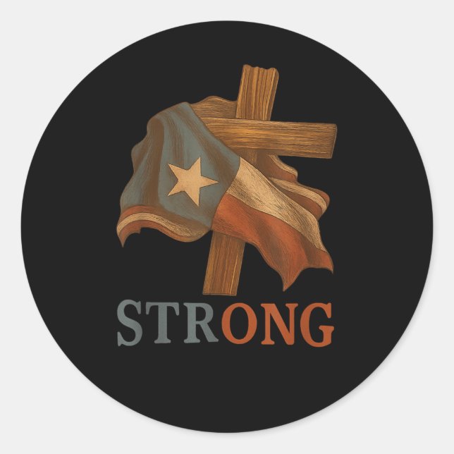 Adesivo Redondo Strong Texas Flag Cross Christian Texas Pride 2025 (Frente)