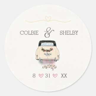 Adesivo Redondo Sttcke de Casamento de Carro vintage de Mão