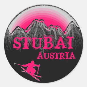 Adesivo Redondo Stubai Austria - vinhetas de esqui cor-de-rosa