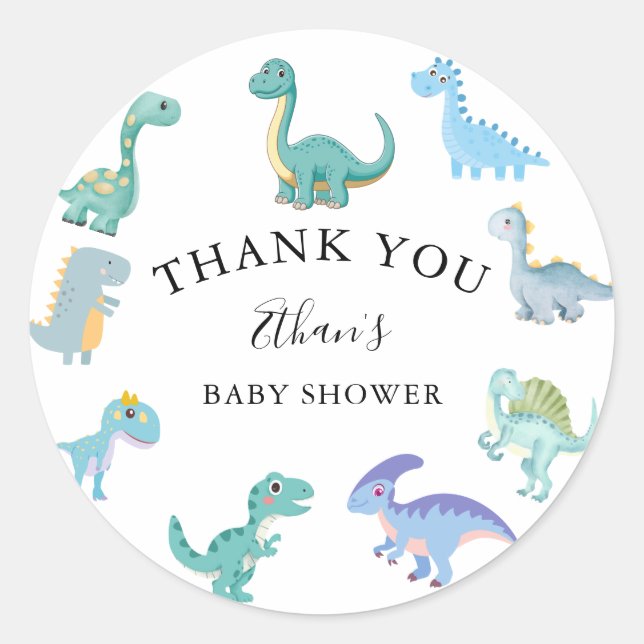 Adesivo Redondo Stylish Dinosaur Baby Shower White (Frente)