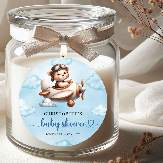 Adesivo Redondo Stylish Teddy Bear Pilot Airplane Blue Brown Baby  (Stylish Teddy Bear Pilot Airplane Blue Brown Baby Shower Sticker

)