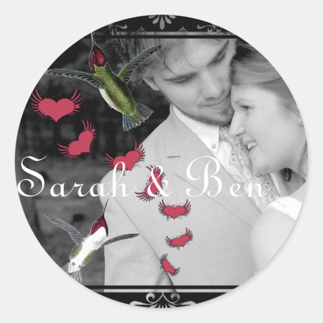 Adesivo Redondo Sua Foto Humming Birds Grunge Hearts com Asas (Frente)