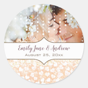 Adesivo Redondo Sua Foto Romântica Rosa de Folha Cardíaca Dourad