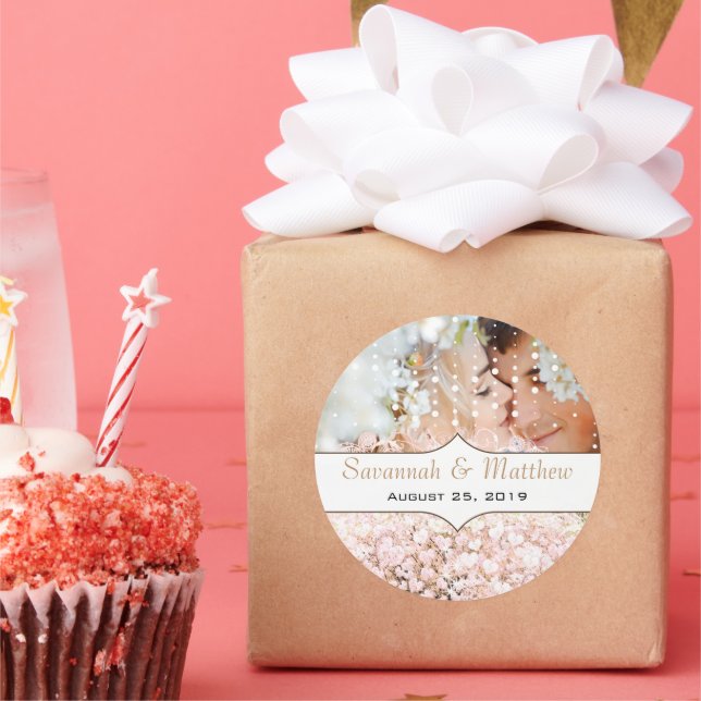 Adesivo Redondo Sua Foto Romântica Rosa de Folha Cardíaca Dourada  (Festa)