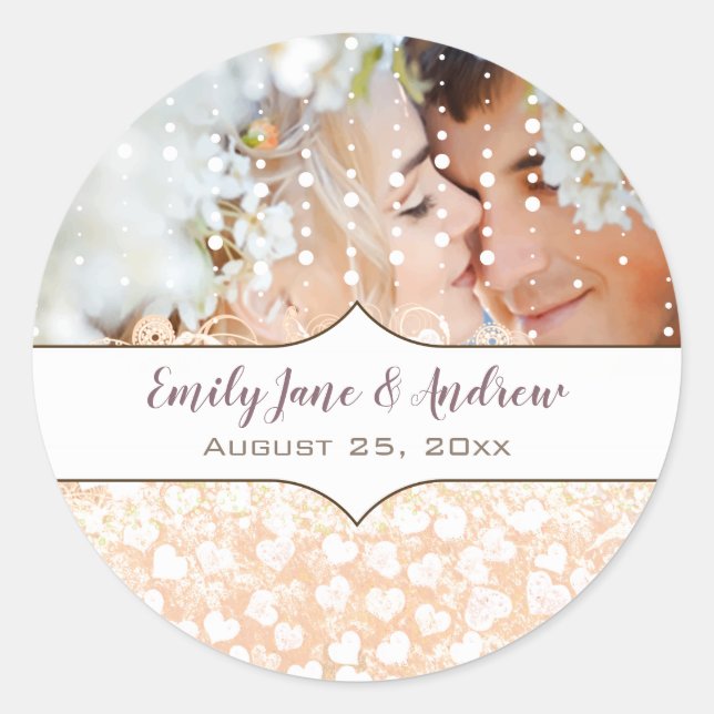 Adesivo Redondo Sua Foto Romântica Rosa de Folha Cardíaca Dourada  (Frente)