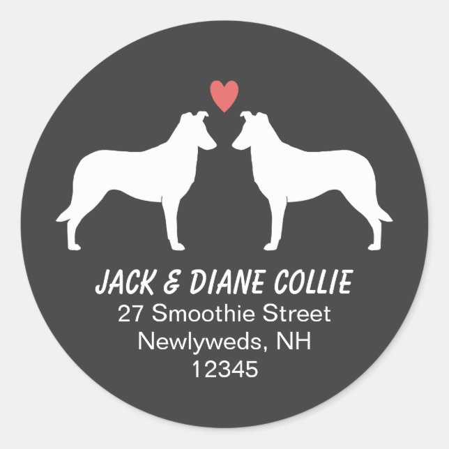 Adesivo Redondo Suave Collie Silhouettes Endereço de Devolução (Frente)