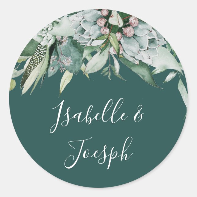 Adesivo Redondo Succulent Greenery | Focos De Envelope De Casament (Frente)