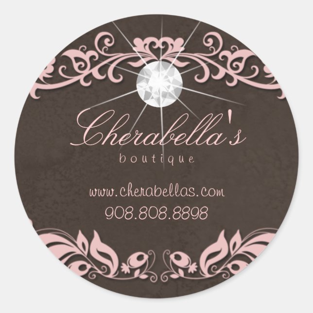 Adesivo Redondo Suede castanho-rosa-diamante de joias-spa salão (Frente)