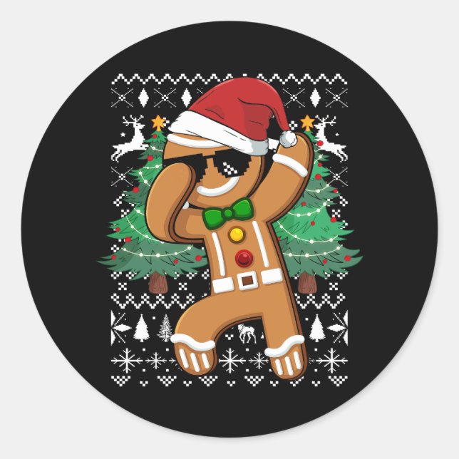 Adesivo Redondo Suéter de Natal Feio Dabbing Gingerbird Man San (Frente)