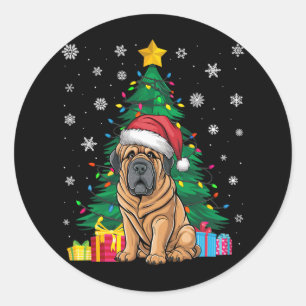 Adesivo Redondo Suéter Feio De Árvore Xmas Luzes De Mastiff Tibeta