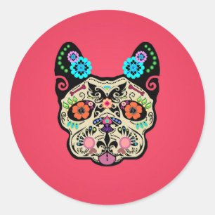 Adesivo Redondo Sugar Skull Frenchie - Rosa