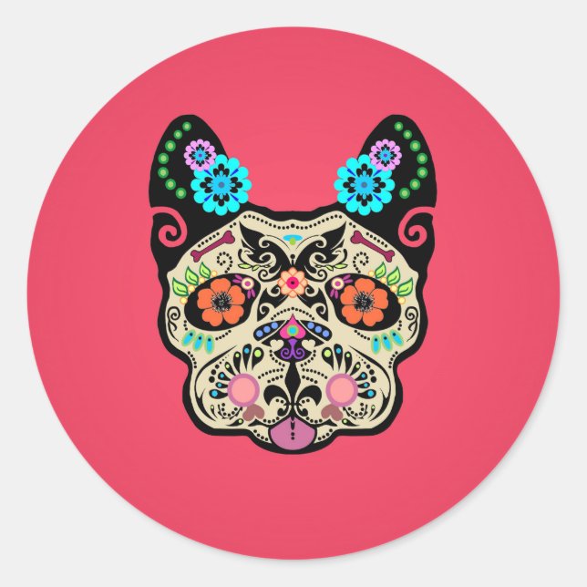 Adesivo Redondo Sugar Skull Frenchie - Rosa (Frente)