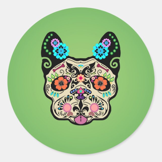 Adesivo Redondo Sugar Skull Frenchie - Verde (Frente)